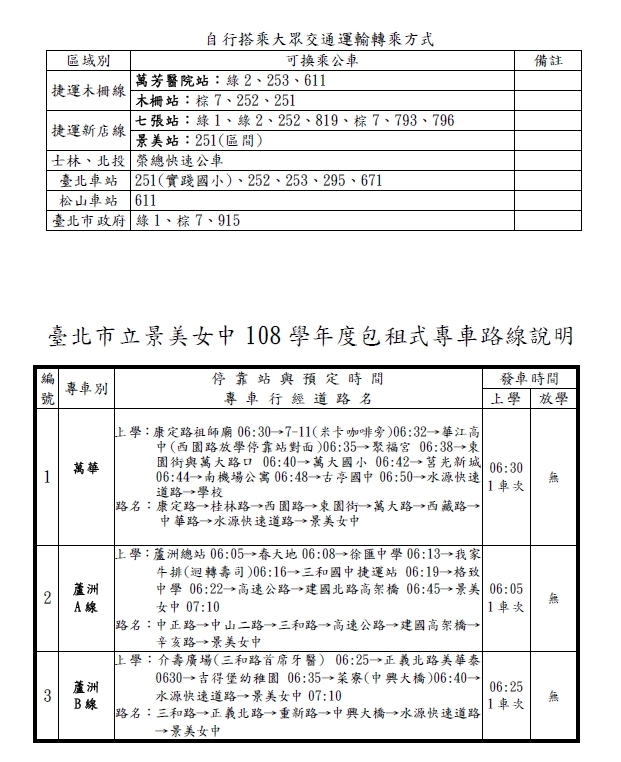 臺北市立景美女中包租式專車及學生公車路線說明 第二頁